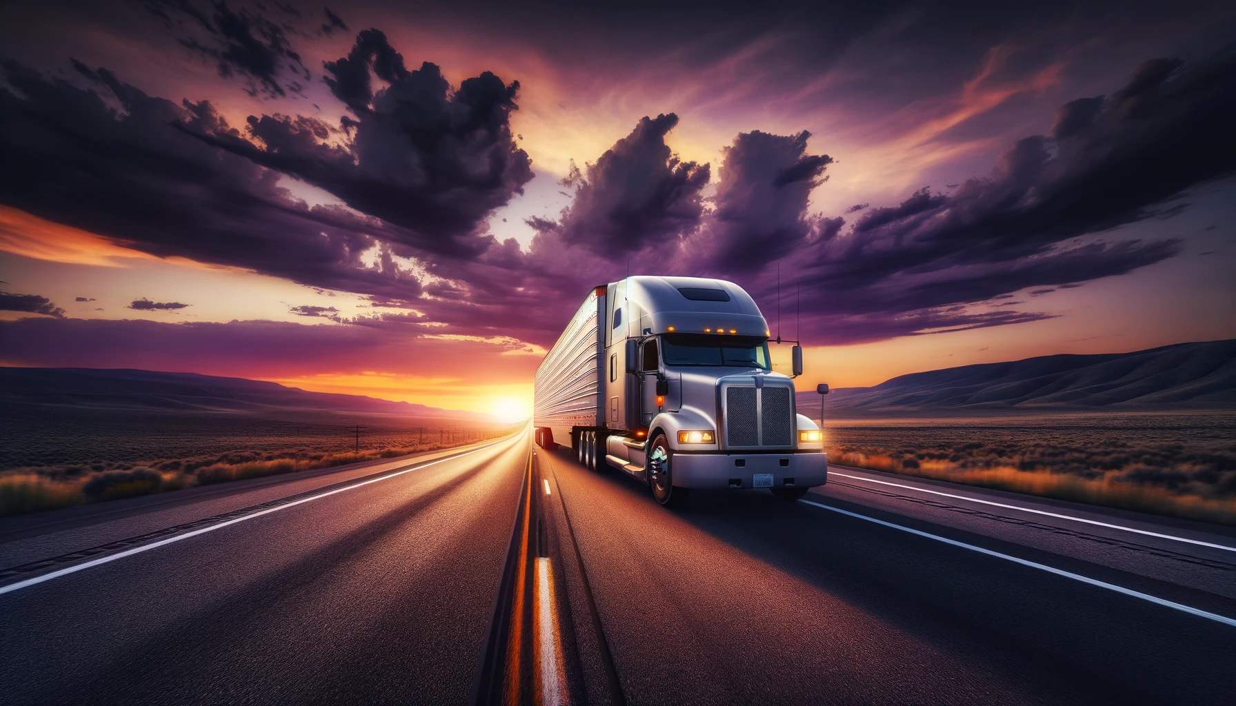 A large semi truck hauling freight on the open highway, captured under an expansive evening sky