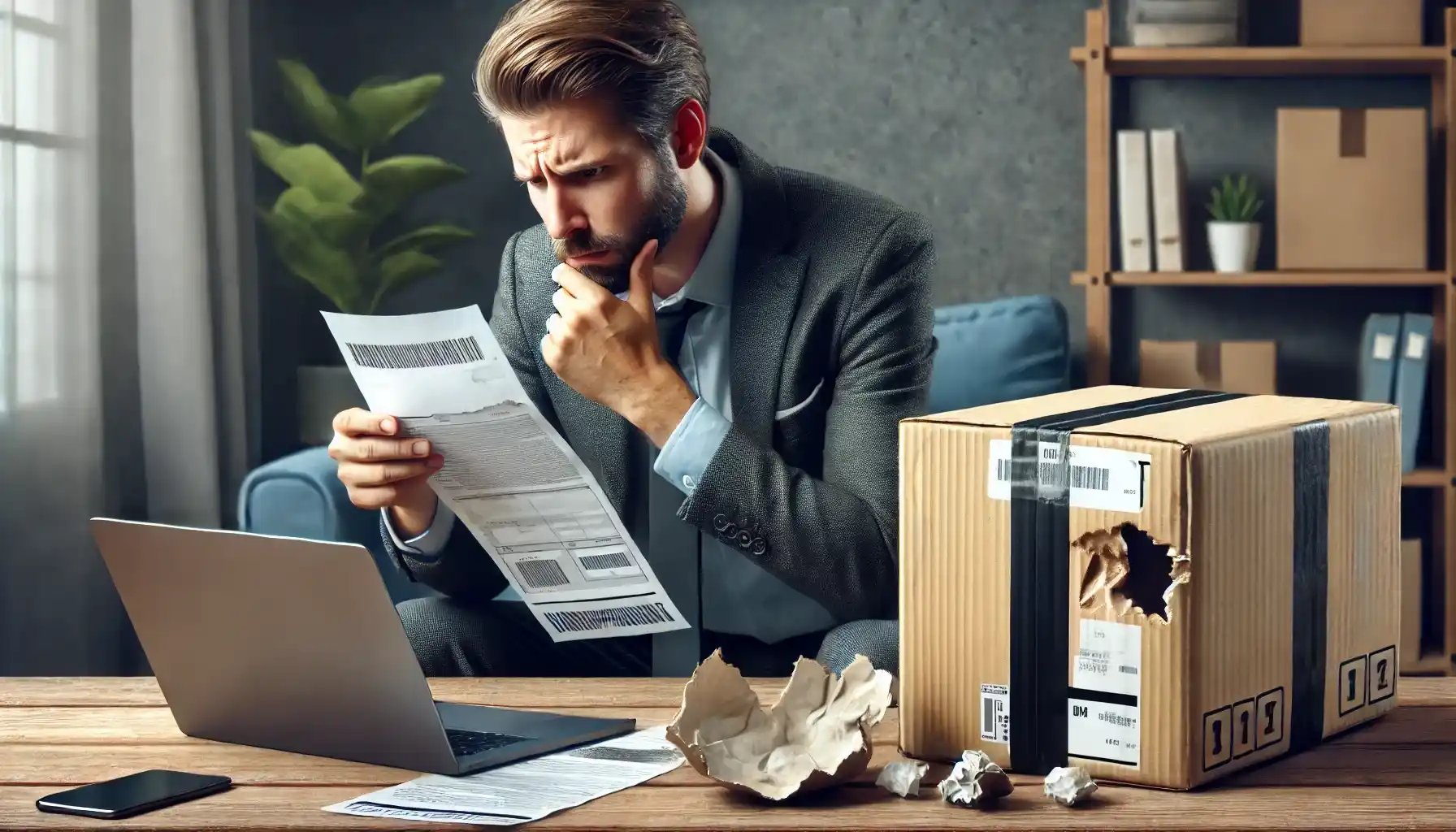 A frustrated man is looking for some options to file a claim, as he received a damaged package with torn packaging and broken contents. 