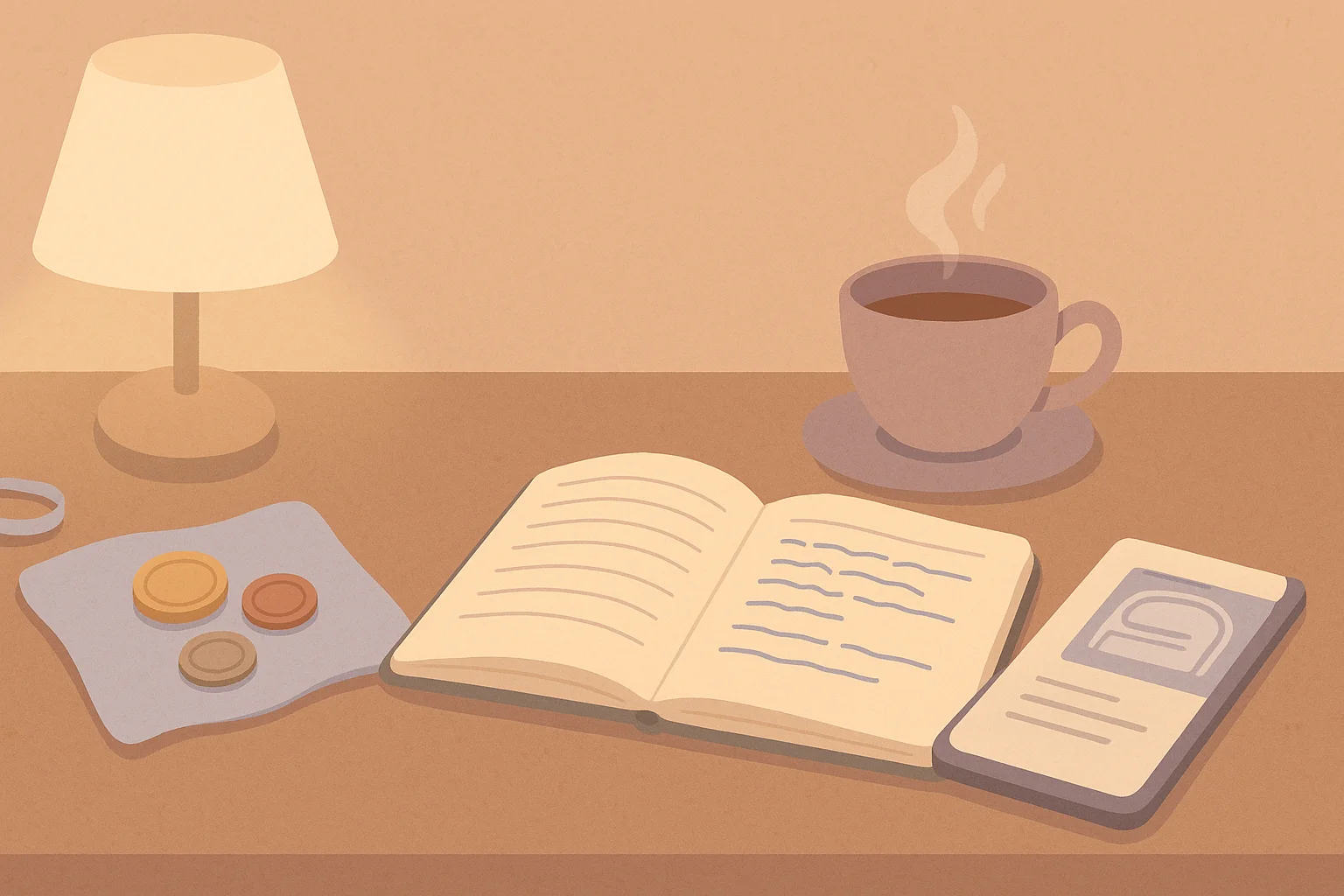 A cozy table with numismatic notes, a cup of tea, and a lamp.