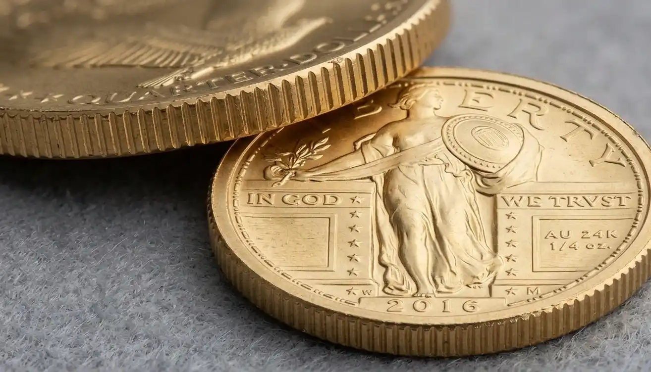 High-resolution macro of a gold quarter coin edge and face